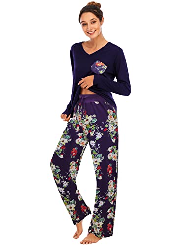 Famulily Bequemer Damen-Pyjama, Set, Blumendruck, langärmelig, Loungewear, Oberteil und Hose mit weitem Bein, weiche Nachtwäsche, navy, 36 von Famulily