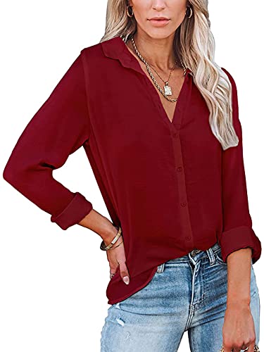 Famulily Button Down Shirt Women Knitterfreie Bluse V Ausschnitt Oberteil Winerot 2XL von Famulily