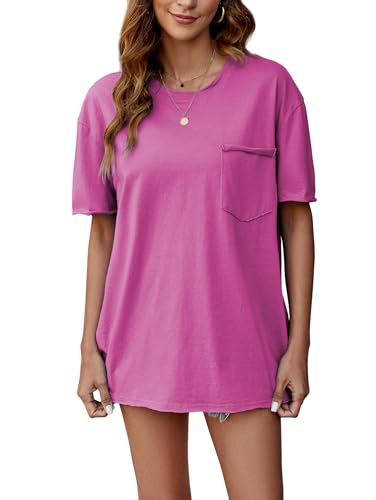 Famulily Damen Bequeme Plain Lose T-Shirts Damen Rundhals Kurzarm Tunika Tops mit Brusttasche (S, Magenta) von Famulily