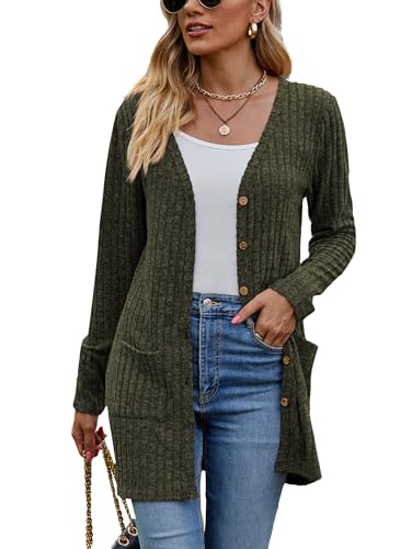 Famulily Damen Cardigans Langarm Open Front Button Down V-Neck Oversized Loose Fitted Sweater Coat (XL, Army Green) von Famulily