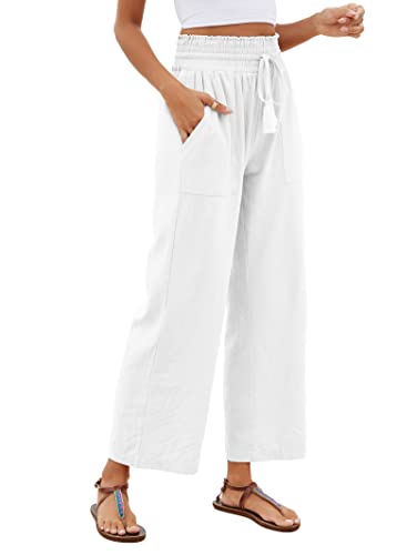 Famulily Damen Casual Baumwolle Leinen Hose Weites Bein Loungehose mit Taschen Elastische Hohe Taille mit Kordelzug Hose, weiß, S von Famulily