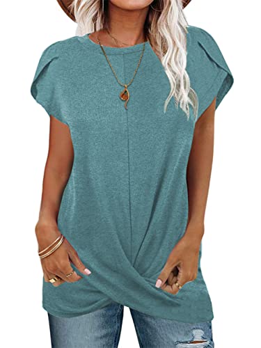 Famulily Damen Casual Front Twist Crewneck Tops Damen Sommer Kurzblatt Ärmel T-Shirt Lose Einfarbig Tunika Bluse Top Shirt, blau, M von Famulily