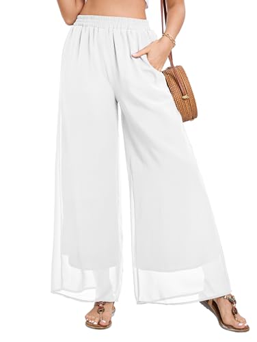 Famulily Damen Chiffon Yoga Hose mit weitem Bein Beach Cover up Hose Elastisch Hochgeschlossen Locker Doppellagig Hose Weiß XL von Famulily