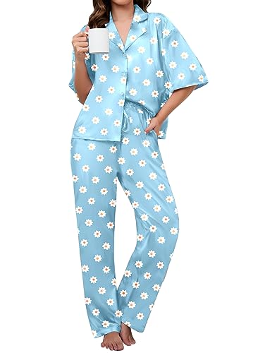 Famulily Damen Frühling Kurzarm Shirt und voller Länge Bottom Pyjama Set mit Taschen Blau M von Famulily