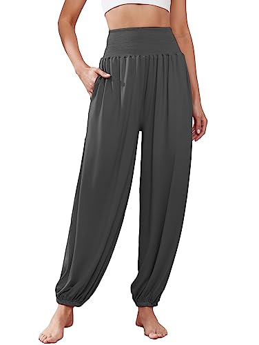 Famulily Damen-Haremshose Bequeme Yoga-Boho-Hose mit hoher Taille und 2 Seitentaschen Dunkelgrau S von Famulily