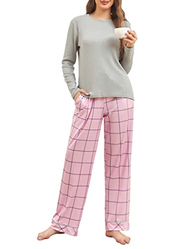 Famulily Damen Herbst Pjs Warme Pyjamas Sets Lockere Passform Nachtwäsche Gerippte Oberteile und Karierte Weite Bein Lounge Hosen Sets Grau L von Famulily