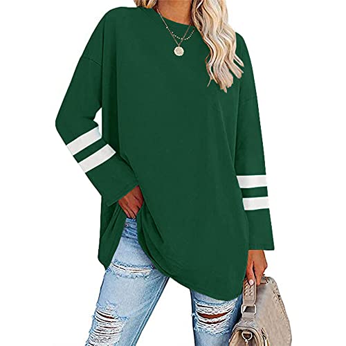 Famulily Damen Langarm-T-Shirt, gestreift, langärmelig, Rundhalsausschnitt, bequeme Baumwolle, lose Tunika, Bluse, grün, Large von Famulily