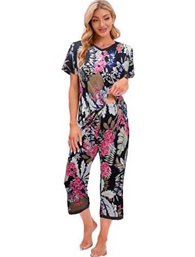 Famulily Damen-Pyjama-Set, kurzärmelig, V-Ausschnitt, Top mit Caprihose, lässige und florale Drucke, Nachtwäsche, Pyjama, Loungewear-Set, S-XXL, Mult, 38 von Famulily