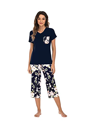 Famulily Damen Schlafanzug Kurz Capri Sommer Pyjama Set Baumwolle Hausanzug Kurzarm Top Und 3/4 Hose,Blau,XXL von Famulily