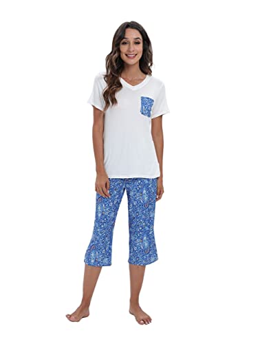 Famulily Damen Schlafanzug Kurz Capri Sommer Pyjama Set Baumwolle Hausanzug Kurzarm Top Und 3/4 Hose,Weiß,XXL von Famulily
