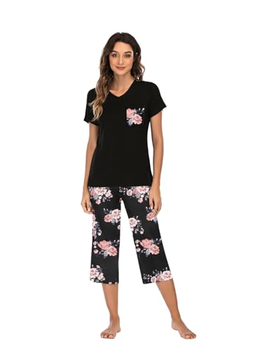 Famulily Damen Schlafanzug Kurz Sommer Pyjama Set Dreiviertel Damen Baumwolle Hausanzug Kurzarm Top Und Hose,Schwarz,M von Famulily