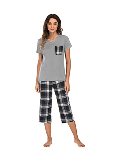 Famulily Damen Schlafanzug Kurzer Pyjama Set Sommer Nachtwäsche Stretch Dreiviertel Pyjama Damen Baumwoll Hausanzug Schlafanzüge für Damen,Dark Grau,XL von Famulily