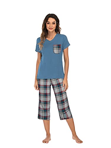 Famulily Damen Schlafanzug Kurzer Pyjama Set Sommer Nachtwäsche Stretch Dreiviertel Pyjama Damen Baumwoll Hausanzug Schlafanzüge für Damen,Grau,M von Famulily