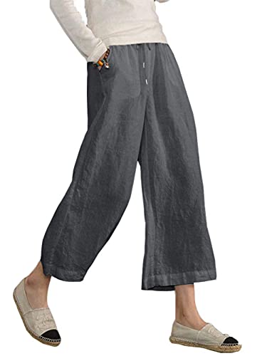 Famulily Damen Sommer Bequeme Baumwolle Leinen Cropped Hose Weites Bein Loungehose mit Taschen, dunkelgrau, L von Famulily