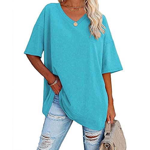 Famulily Damen Sommer Casual V Ausschnitt Halbe Ärmel T-Shirt Damen Kurzarm Oversized Baseball T-Shirts Tunika Tops, himmelblau, XXL von Famulily