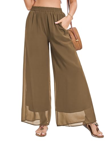 Famulily Damen Sommer Chiffon Hohe Elastische Taille Palazzo Strandhosen Bequeme Lounge Hosen mit Taschen Khaki L von Famulily