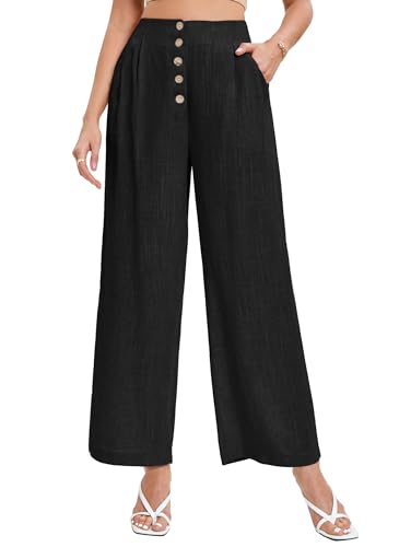 Famulily Damen Sommer Flowy Leinen Hosen Casual Schwarze Hose Loose Fit Button Up Lounge Hosen (M, Schwarz) von Famulily