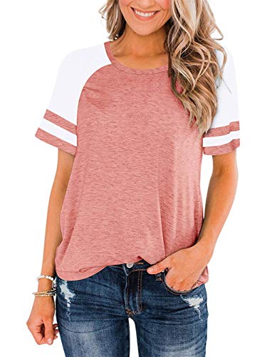 Famulily Damen Sommer Rundhals Farbblockstreifen T-Shirt S-XXL Gr. Small, #2 Pink von Famulily