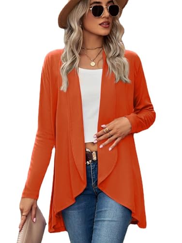 Famulily Womens Casual Plain Langarm Cardigans Offene Tops Damen Leichte Atmungsaktive Weiche Strickpullover Wasserfall Cardigans Orange S von Famulily