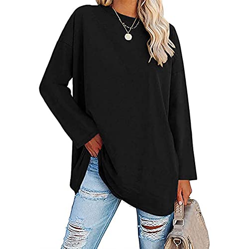 Famulily Damen-T-Shirt, Rundhalsausschnitt, langärmelig, Baumwolle, einfarbig, bequem, lockere Tunika, T-Shirt, Schwarz , Large von Famulily