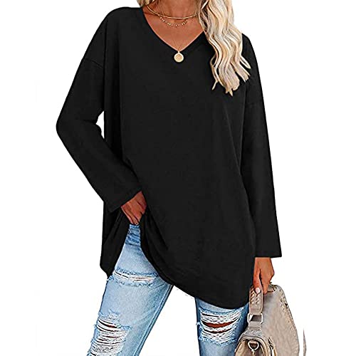 Famulily Damen-T-Shirt, Rundhalsausschnitt, langärmelig, Baumwolle, einfarbig, bequem, lockere Tunika, T-Shirt, Schwarz , XXL von Famulily