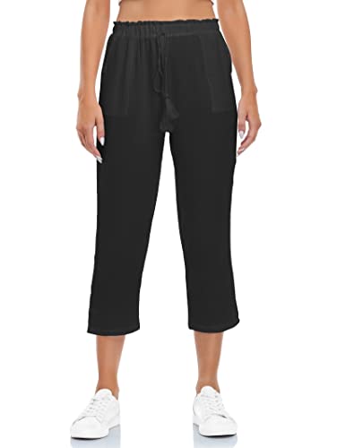 Famulily Damen Weiche Baumwollhose für Nachtwäsche Damen Sommer Cropped Pants Kordelzug Elastische Taille Hose mit Taschen, Schwarz, S von Famulily