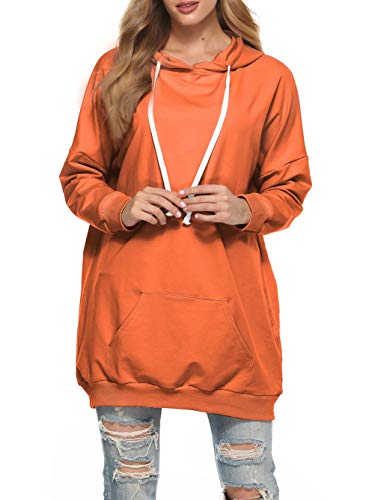 Famulily Dünne Pullover Damen Lang Sweatshirt Frauen Sport Basic Hoodie mit Tasche Orange S von Famulily