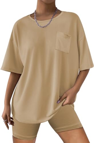 Famulily Kurze Sommer-Loungewear-Sets für Damen, übergroßes T-Shirt und Radhose, 2-teiliges Outfit, Trainingsanzüge, Activewear, Nachtwäsche, Homewear, khaki, 42 von Famulily