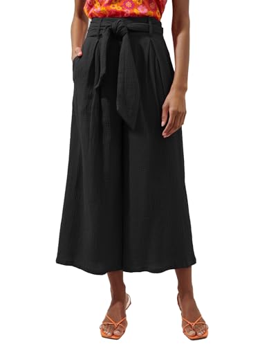 Famulily Lässige Damenhose für den Sommer, weites Bein, kurze Hose mit Taschen, seitlichem Reißverschluss, Gürtel, Baumwolle, Loungehose, Schwarz , XL von Famulily