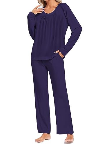 Famulily Loungewear Set Frauen Baumwolle Einfarbige Pyjamas Sets Passend Langarm O Hals Nachtwäsche Set Marineblau L von Famulily