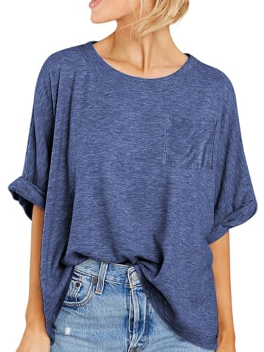 Famulily Oversized T-Shirt für Frauen Sommer Flowy Baggy Plain Tshirts mit Brusttasche (XXL,Blau) von Famulily