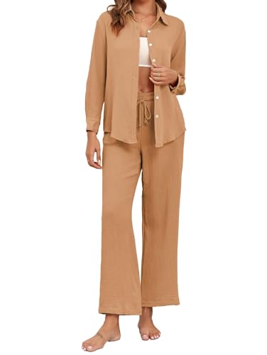 Famulily Pyjama Damen Lang Baumwolle Locker Loungewear Damen Set Herbst Frauen Schlafanzug Mit Knopfleiste Khaki L von Famulily