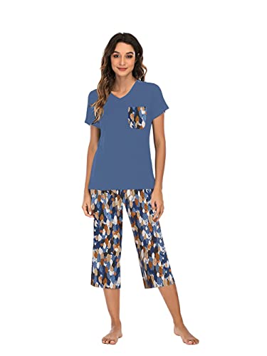 Famulily Pyjama für Damen, Baumwolle, bequem, Pyjama-Set, Blumendruck, kurzärmelig, Loungewear-Oberteil und weites Bein, kurze Hose, weiche Nachtwäsche, Nachtwäsche S-XXL, Mult, 48 von Famulily