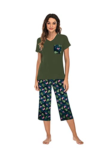 Famulily Pyjama für Damen, Baumwolle, bequem, Pyjama-Set, Blumendruck, kurzärmelig, Loungewear-Oberteil und weites Bein, kurze Hose, weiche Nachtwäsche, Nachtwäsche S-XXL, armee-grün, 36 von Famulily