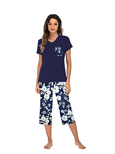 Famulily Pyjama für Damen, Baumwolle, bequem, Damen-Pyjama-Set, Blumendruck, kurzärmelig, Loungewear-Top und Hose mit weitem Bein, kurze Hose, weiche Nachtwäsche, Nachtwäsche S-XXL, dunkelblau, 46 von Famulily