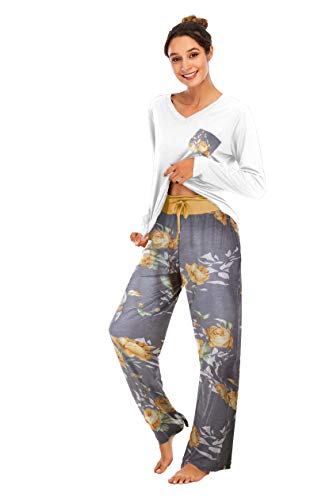 Famulily Schlafanzüge für Damen Pyjama Baumwolle Lang Pyjama Set Nachtwäsche Zweiteiliger Lang Hose und Tops Weich Damen Lounge Sets,Gelb,M von Famulily