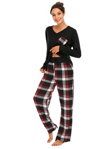 Famulily Schlafanzüge für Damen Pyjama Baumwolle Lang Pyjama Set Nachtwäsche Zweiteiliger Lang Hose und Tops Weich Damen Lounge Sets,Kariert,L von Famulily