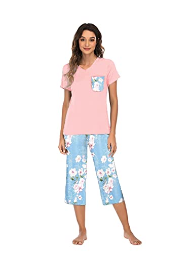 Famulily Schlafanzug Damen Kurz Pyjama Set Baumwolle Hausanzug Kurzarm Top mit 3/4 Lang Schlafhose Blumendruck Zweiteiliger Nachtwäsche,Rosa,S von Famulily