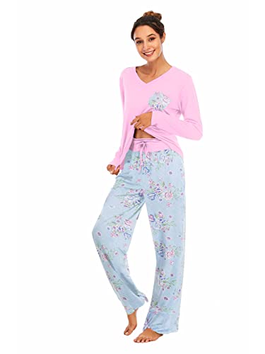 Famulily Schlafanzug Damen Lang Pyjama Set Winter Pyjama Baumwolle Nachtwäsche Print V-Ausschnitt langärmeliger Zweiteiliger mit Taschen,Rosa,L von Famulily