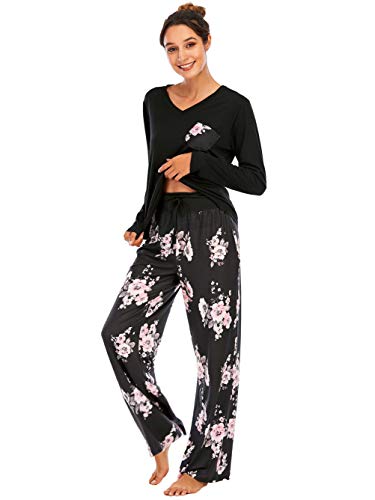 Famulily Schlafanzug Damen Lang Pyjama Set Winter Pyjama Baumwolle Nachtwäsche Print V-Ausschnitt langärmeliger Zweiteiliger mit Taschen,Schwarz,XL von Famulily