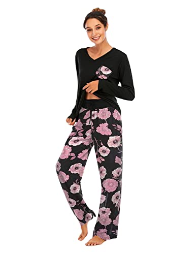 Famulily Schlafanzug Damen Lang Pyjama Set Winter Pyjama Baumwolle Nachtwäsche Print V-Ausschnitt langärmeliger Zweiteiliger mit Taschen,Violett,S von Famulily