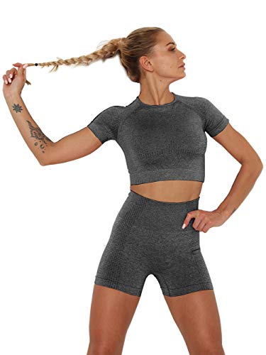 Famulily Sexy Workout-Outfit für Damen, 2-teilig, nahtlose Yoga-Leggings, kurzärmeliges T-Shirt und Shorts Set, Sommer, Freizeit, Fitnessstudio, Laufsport, Yoga-Kleidung Gr. Medium, dunkelgrau von Famulily
