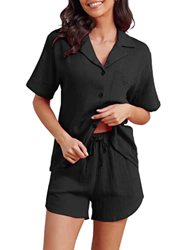 Famulily Shorty Damen Schlafanzug Kurz Baumwolle Shorts Und Bluse Set Damen Short Zweiteilig Sleepwear Pyjama Set Schwarz 2XL von Famulily