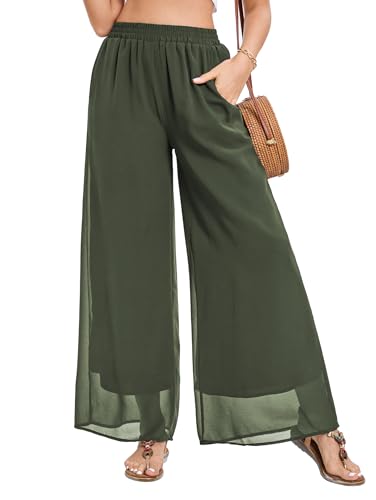 Famulily Women's Straight Leg Pants Chiffon Double Layer Casual Flowy Business Trousers Armeegrün S von Famulily