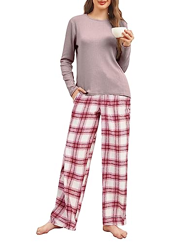 Famulily Womens Bequeme Langarm Pyjamas Set Nette Strick Top und Plaid Hosen Pjs Lounge Nachtwäsche Sets mit Taschen Rosa S von Famulily