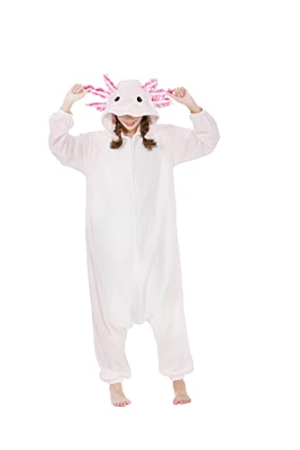 Onesie Jumpsuit Tier Unisex Damen Herren Pyjama Fasching Erwachsene Halloween Cosplay Erwachsene Karneval Einteiler Schlafanzug,Axolotl Rosa von Fandecie