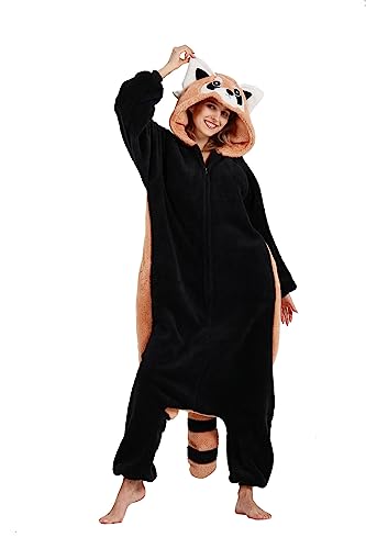 Onesie Jumpsuit Tier Unisex Damen Herren Pyjama Fasching Erwachsene Halloween Cosplay Erwachsene Karneval Einteiler Schlafanzug,Waschbär von Fandecie