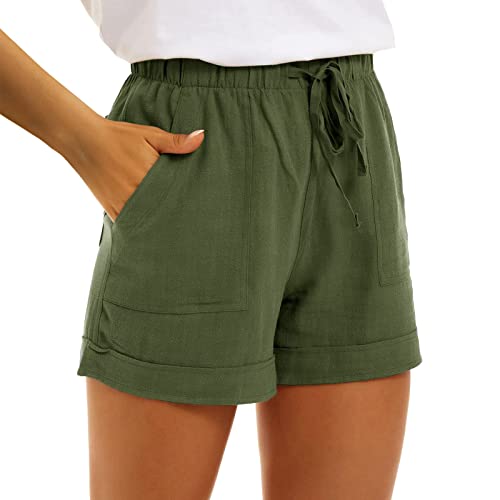 Shorts Damen Sommer Locker Kurze Hose Mode Lässige Musselin Hose mit hoher Taille Gerades Bein Sport Lässige Lockere Shorts mit Kordelzug mit Taschen Gummiband Freizeit Shorts Elastische Stoffhose von Fannyfuny