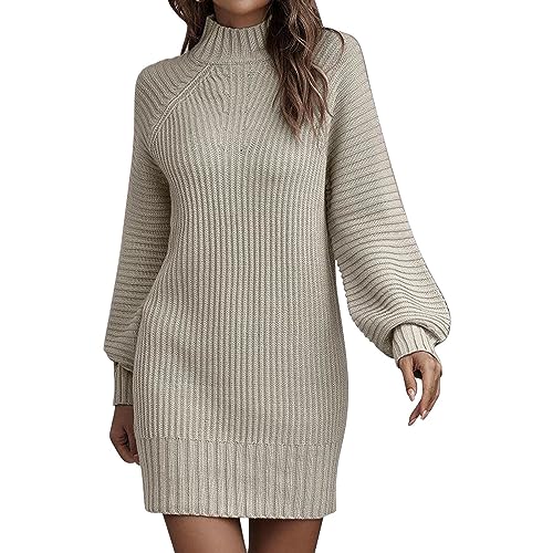 Strickkleid Damen Winter Lang, Strickkleid Damen Winter Puff Ärmel Rollkragen Minikleid Winterkleid Hohe Elastizität Pulloverkleid Herbst Winter Langarm Kleider Strick Herbstkleid Pullover Kleid von Fannyfuny