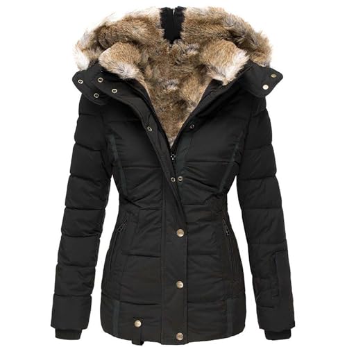 Winter Hoodie Damen Gefüttert, Damen Mantel Winterjacke Warm Lang Winterparka mit Kapuze Fell Kragen Trenchcoat Gefüttert Teddyfleece üBergangsjacke Daunenmantel Frauen Steppmantel Softshelljacke von Fannyfuny